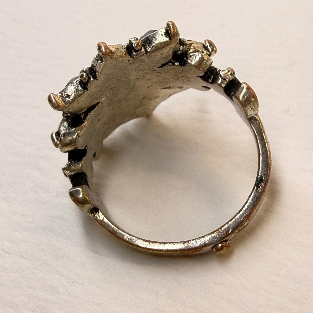 Lucky Brand Blue Crystal Flower Statement Ring Antiqued Silver Tone Floral Boho